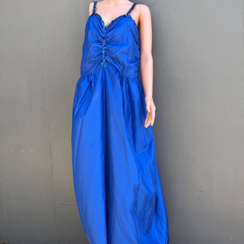 Vintage 70s Royal Blue Sequin Beaded Evening Gown with Capelet Size Large